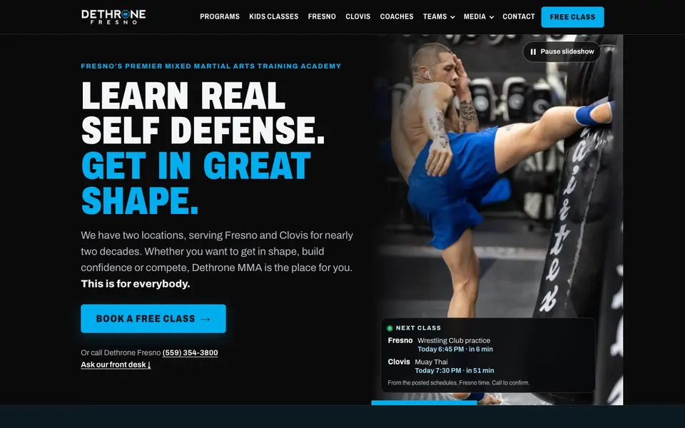 The home page of the Dethrone MMA site: 'Learn real self defense. Get in great shape.' beside a fighter kicking a heavy bag, with the next class at each gym.