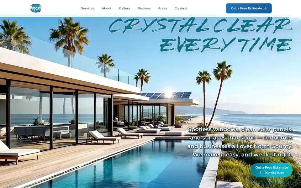 The home page of the PCH Services site: 'Crystal clear every time' over a beachfront house with glass walls and a pool.